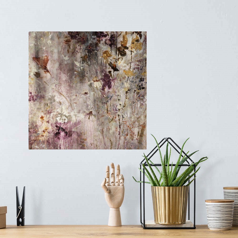 A bohemian room featuring Abstract painting of various florals and stems in warm and golden tones, scattered and overlappin...