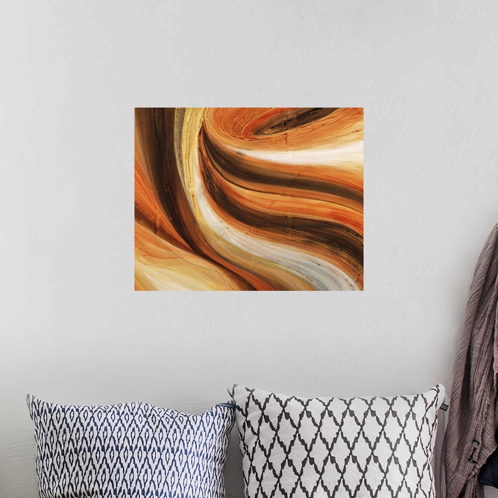 A bohemian room featuring Contemporary abstract painting using warm tones, in flowing sinuous movements.