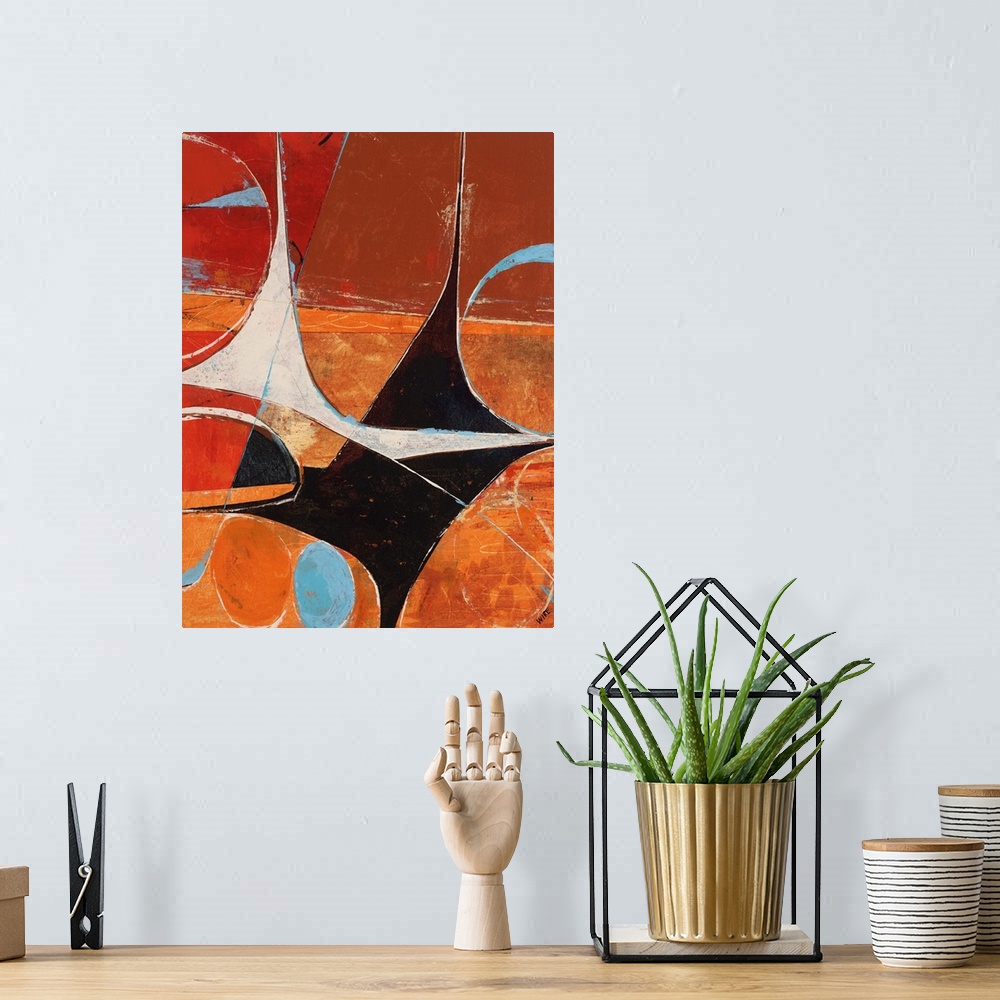 A bohemian room featuring Contemporary abstract painting of various shapes and colors mingling in a retro looking frenzy.