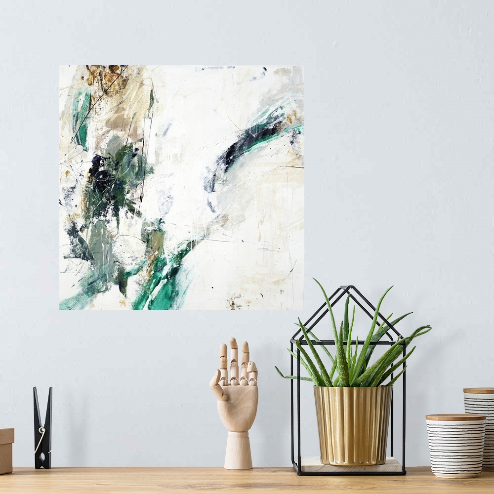 A bohemian room featuring Square abstract painting in green and brown with textured drips of paint.
