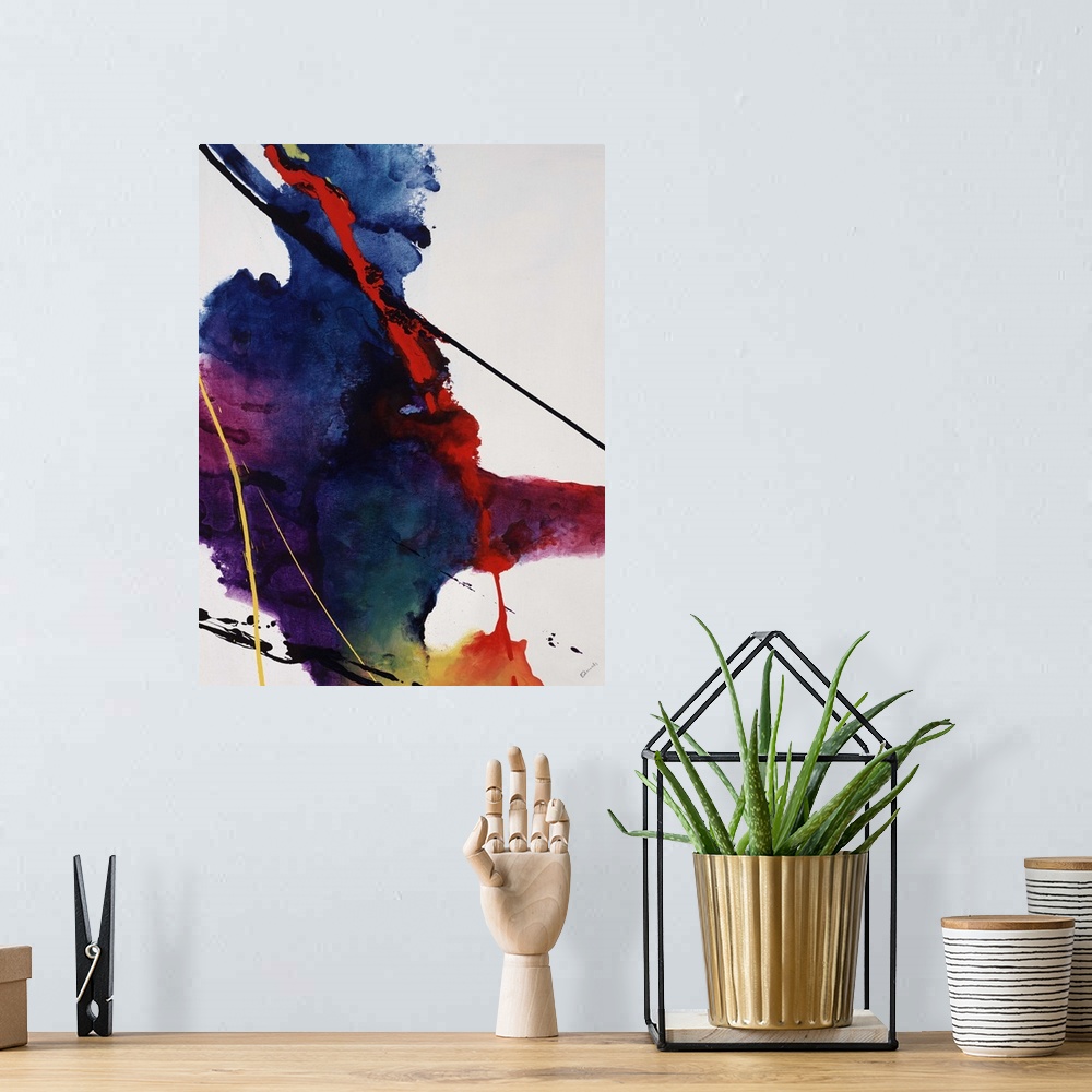 A bohemian room featuring Contemporary watercolor painting of a multicolored mass with thin streaks of paint over a solid n...