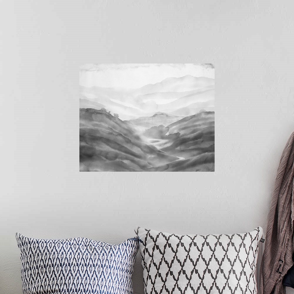A bohemian room featuring Black and white abstract painting of rolling hills created with contrast.