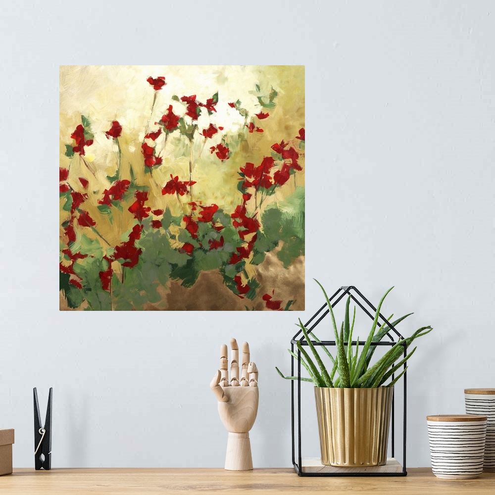 A bohemian room featuring Contemporary abstract painting of red flower and green sinuous vines.