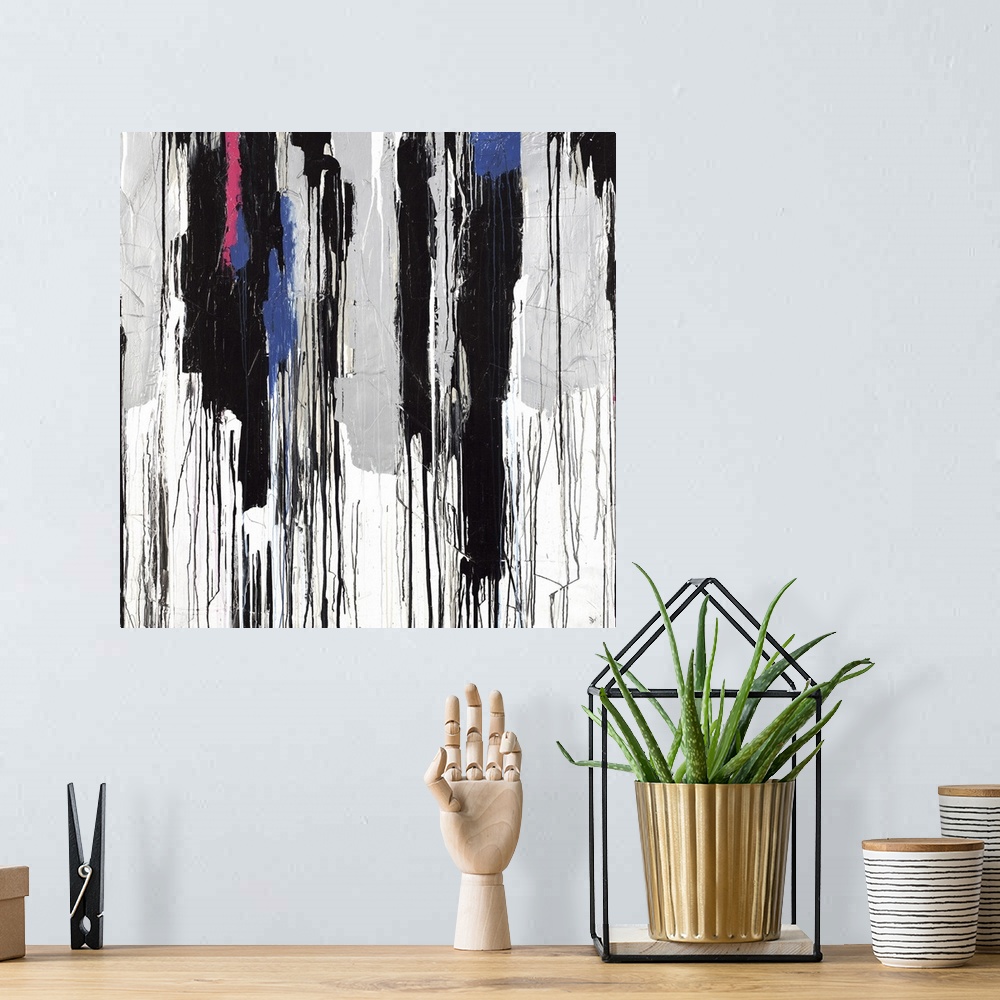 A bohemian room featuring Square abstract art with dripping hues of gray, black, blue, and pink, starting thick at the top ...