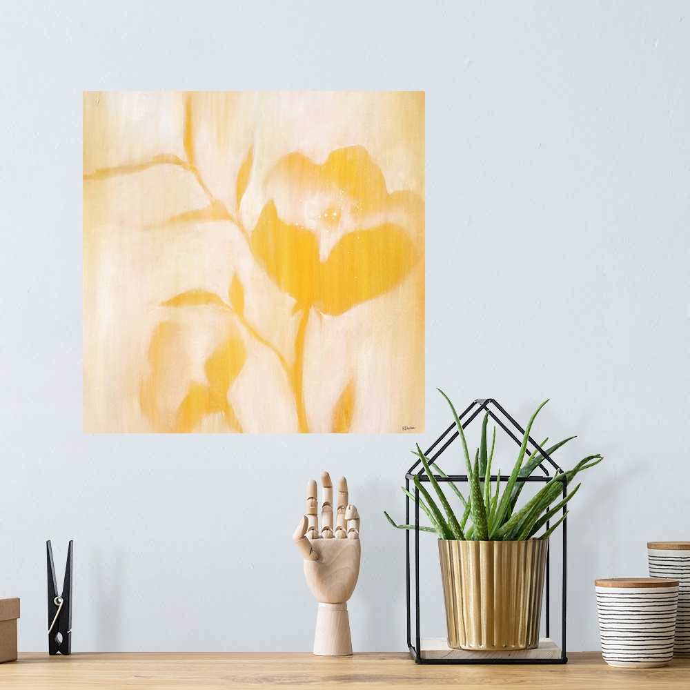 A bohemian room featuring Contemporary painting of golden flowers and stems with softened edges that seem to fade into a li...