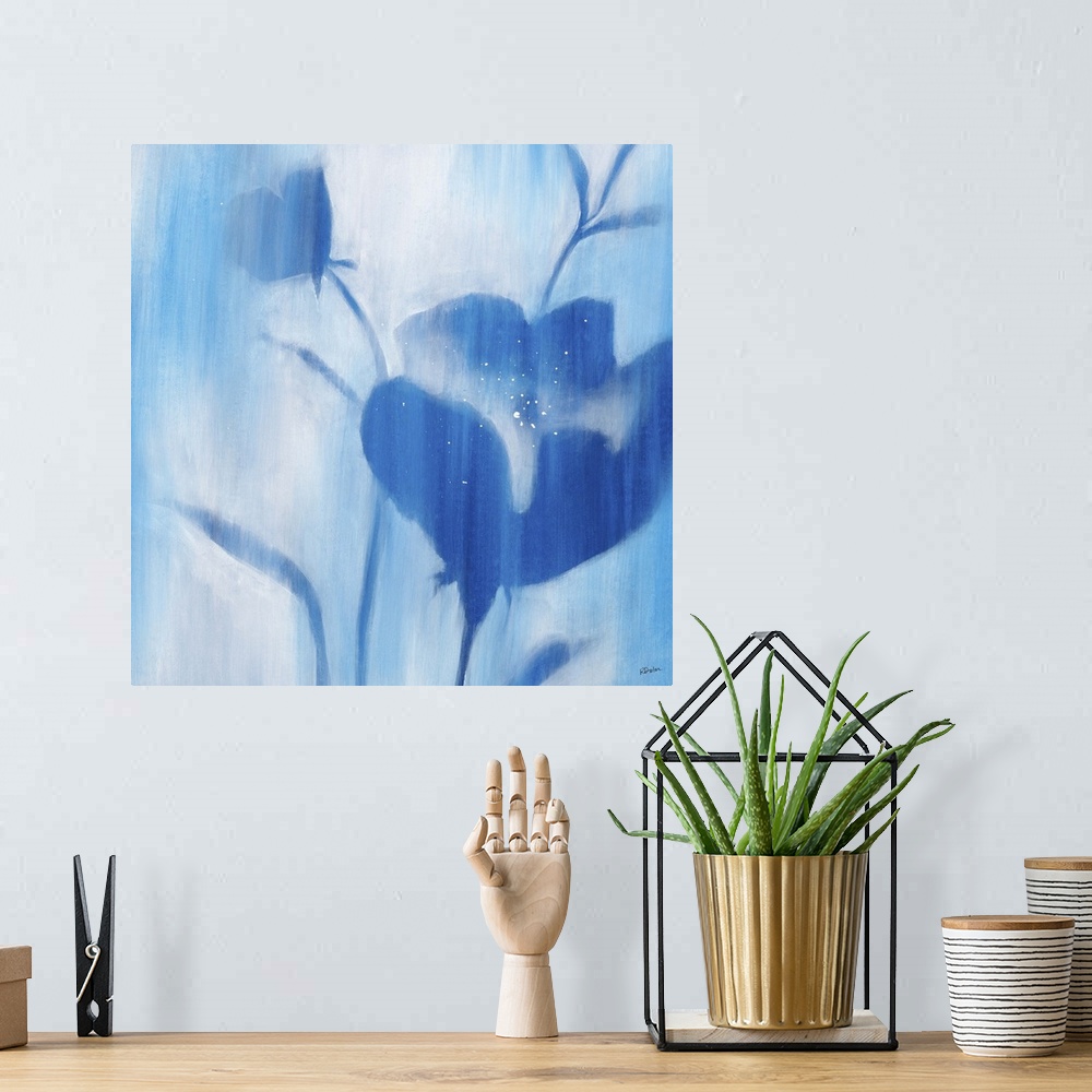 A bohemian room featuring Contemporary painting of blue flowers and stems with softened edges that seem to fade into a ligh...