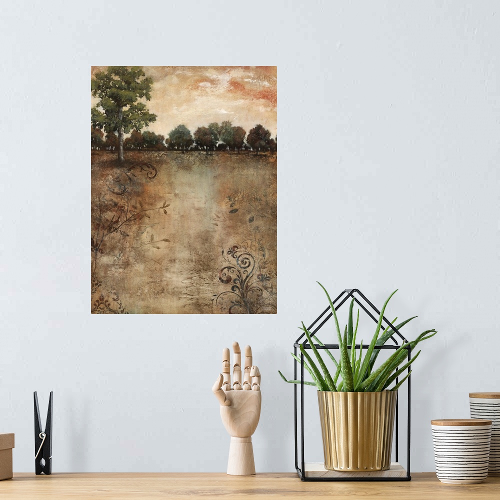 A bohemian room featuring Contemporary painting of an idyllic countryside landscape.