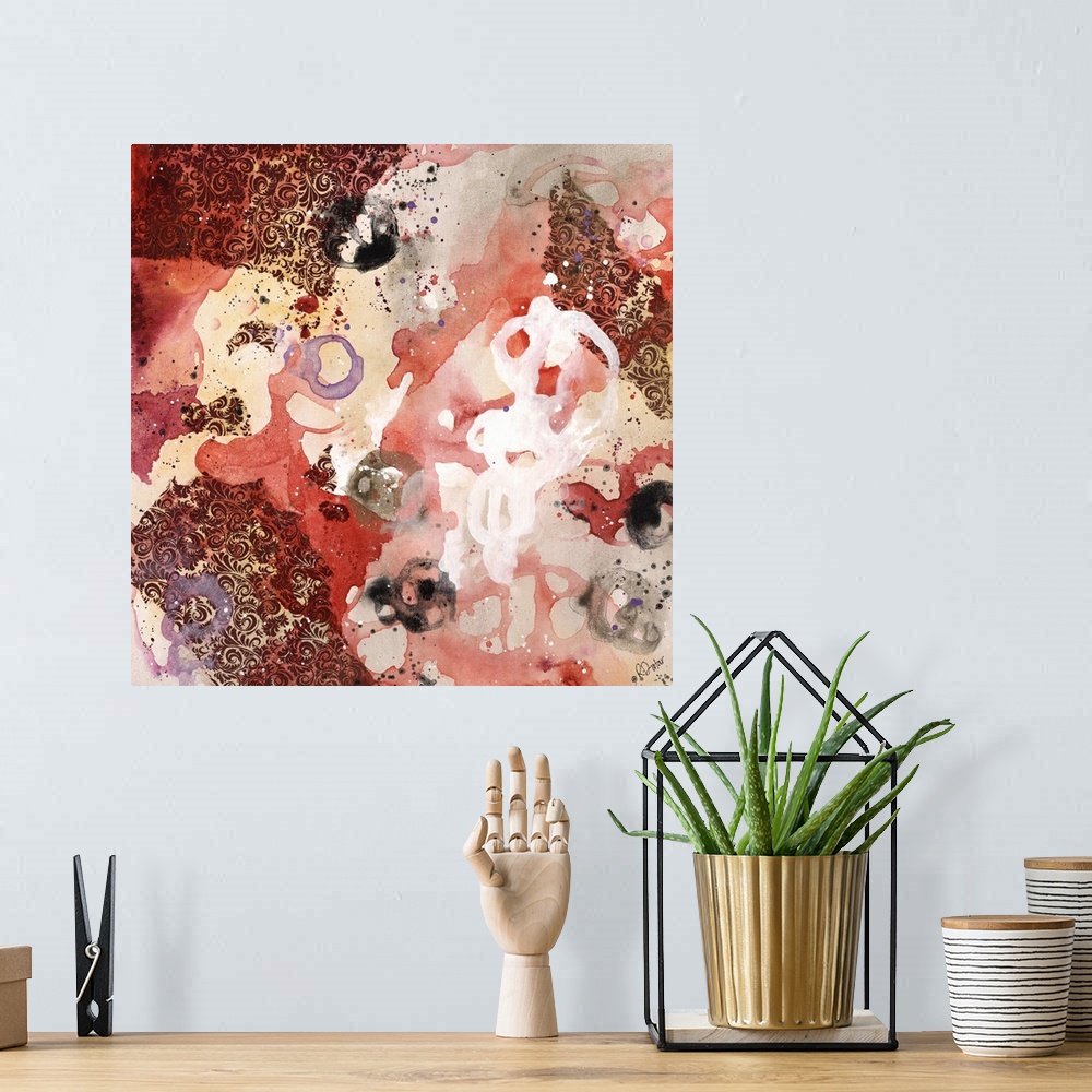 A bohemian room featuring Abstract painting using bright red tones in splashes and splatters, almost looking like flowers.