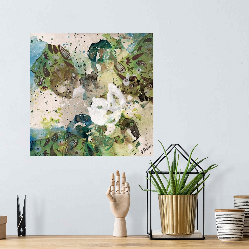 A bohemian room featuring Abstract painting using bright green tones in splashes and splatters, almost looking like flowers.