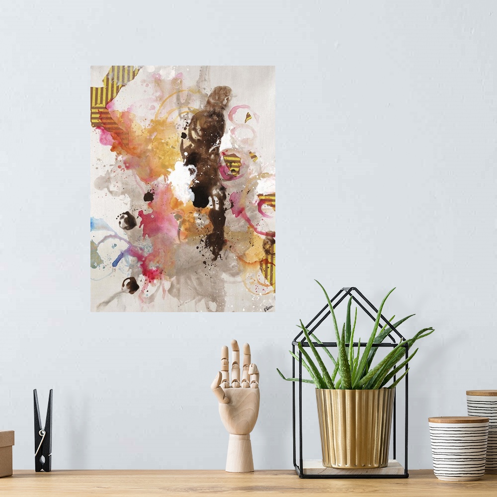 A bohemian room featuring Abstract painting of overlapping splatters, rings, and patches of various colors, including strip...