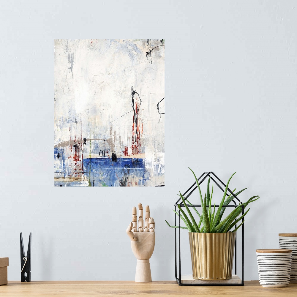 A bohemian room featuring Contemporary abstract painting using primary and neutral colors in weathered textures.