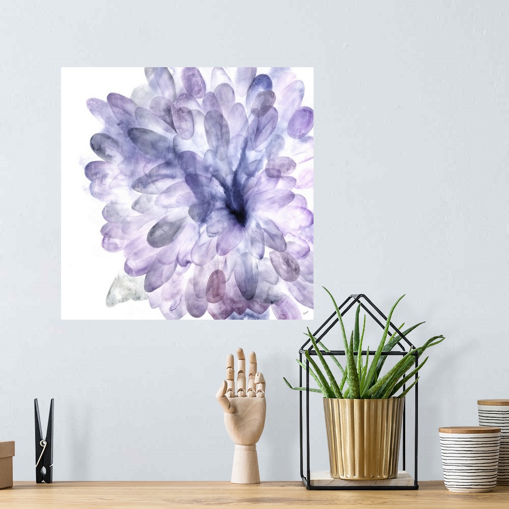 A bohemian room featuring Contemporary watercolor painting of a Dahlia bloom in shades of purple.