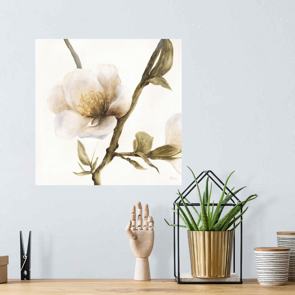 A bohemian room featuring Contemporary painting of a white flower on a leafy stem.