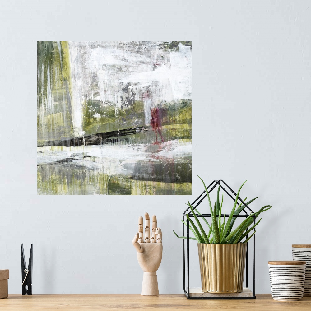 A bohemian room featuring Contemporary abstract painting using weathered and faded dark green and splattered and smeared wh...