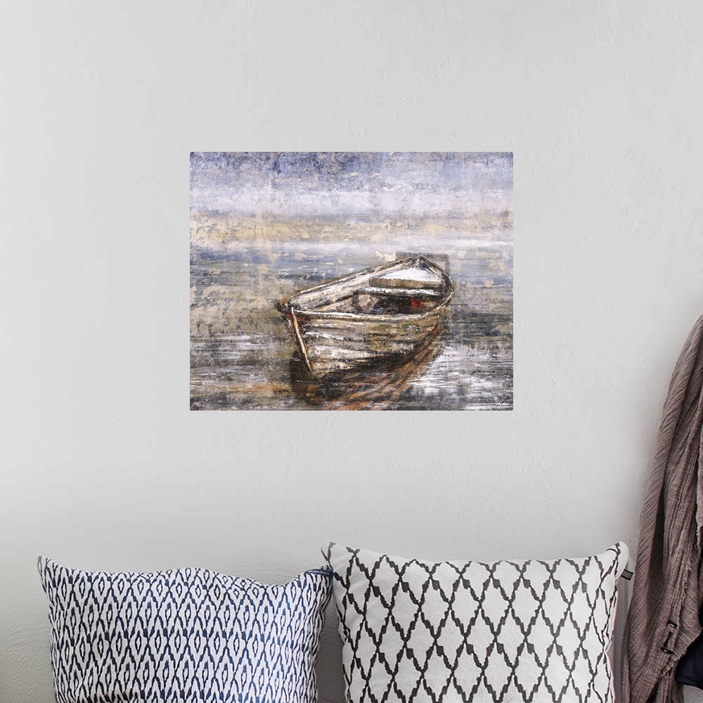 A bohemian room featuring Contemporary painting of a row boat on dark water.