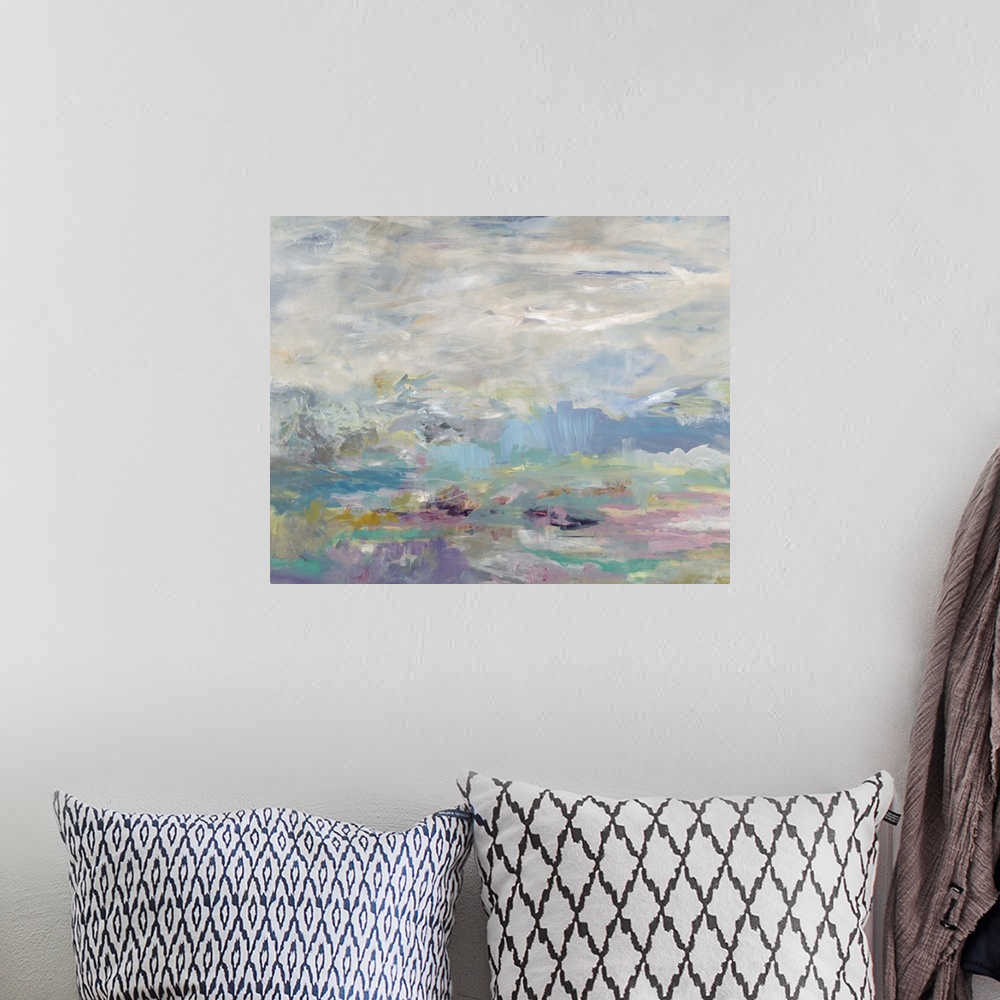 A bohemian room featuring Contemporary abstract painting of what looks like a cloudy sky using pale blue and purple tones.