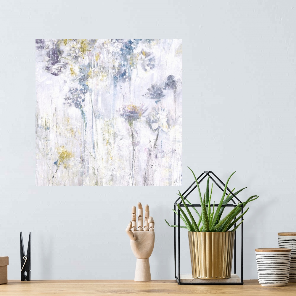 A bohemian room featuring Square abstract floral painting in shades of gray, yellow and blue.