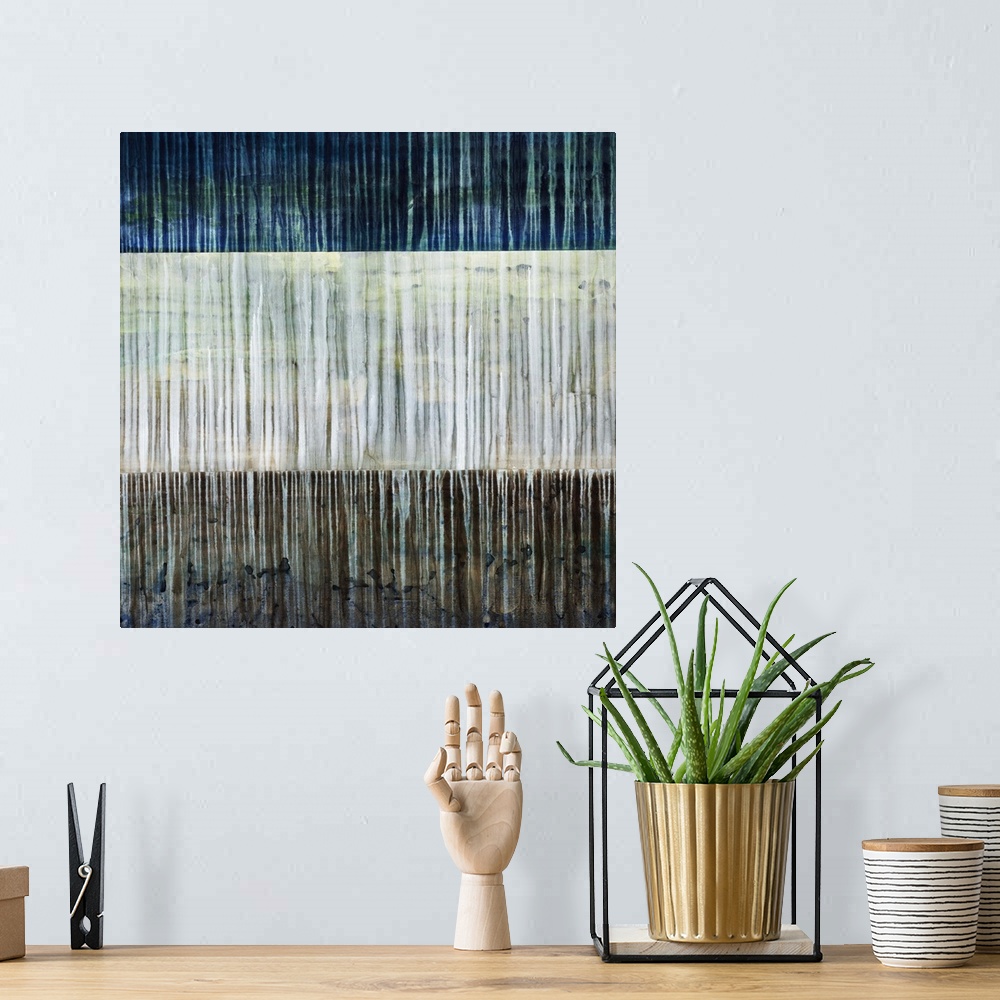 A bohemian room featuring Contemporary abstract painting of three contrasting colors in horizontal stripes with thin vertic...
