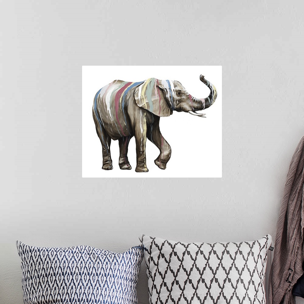 A bohemian room featuring Artwork of an elephant covered with multiple colors of paint dripping down it's body.