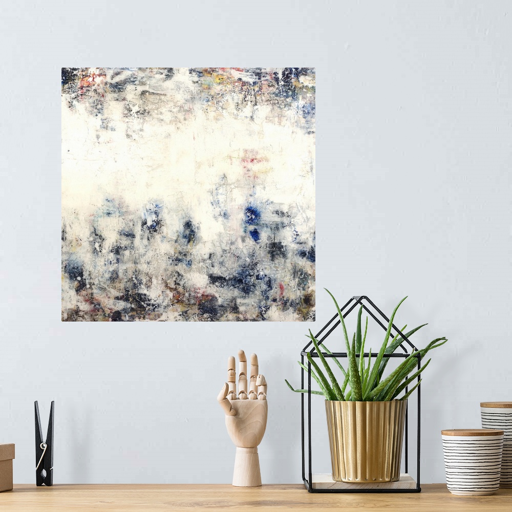A bohemian room featuring Contemporary abstract painting using earth tones mixed with hints of blue.