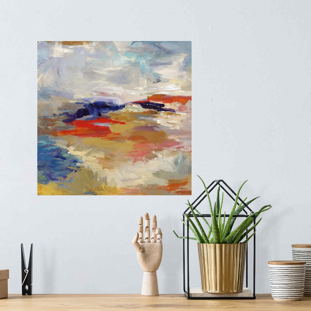 A bohemian room featuring Contemporary abstract painting in muted primary colors.