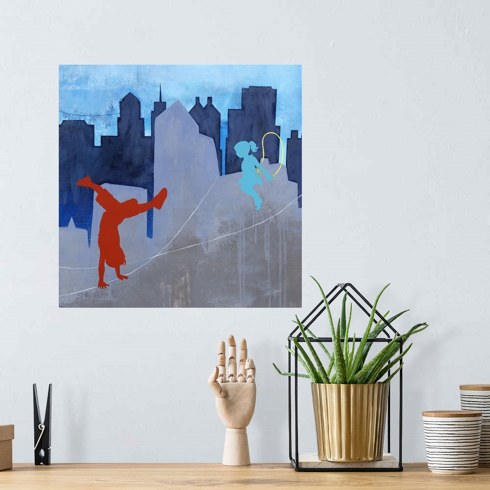 A bohemian room featuring Contemporary painting of two children playing outdoors with a city skyline in the background.