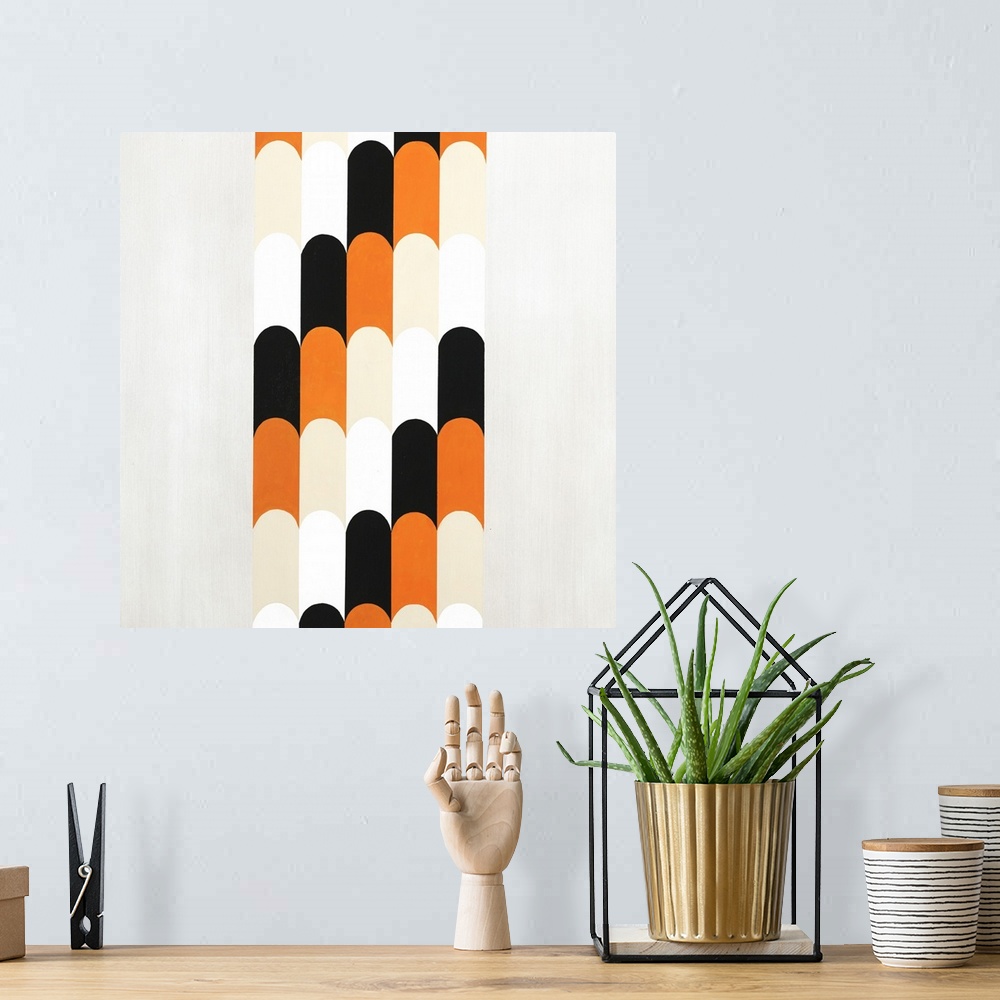 A bohemian room featuring Abstract art created with tan, white, black, and orange long rounded shapes stacked together in r...