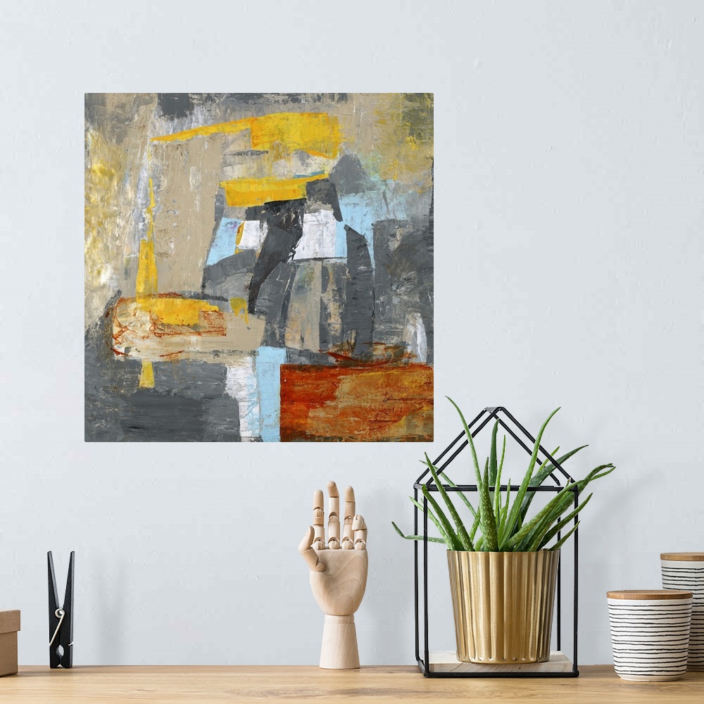 A bohemian room featuring Contemporary abstract artwork in grey and blue with pops of bright yellow.