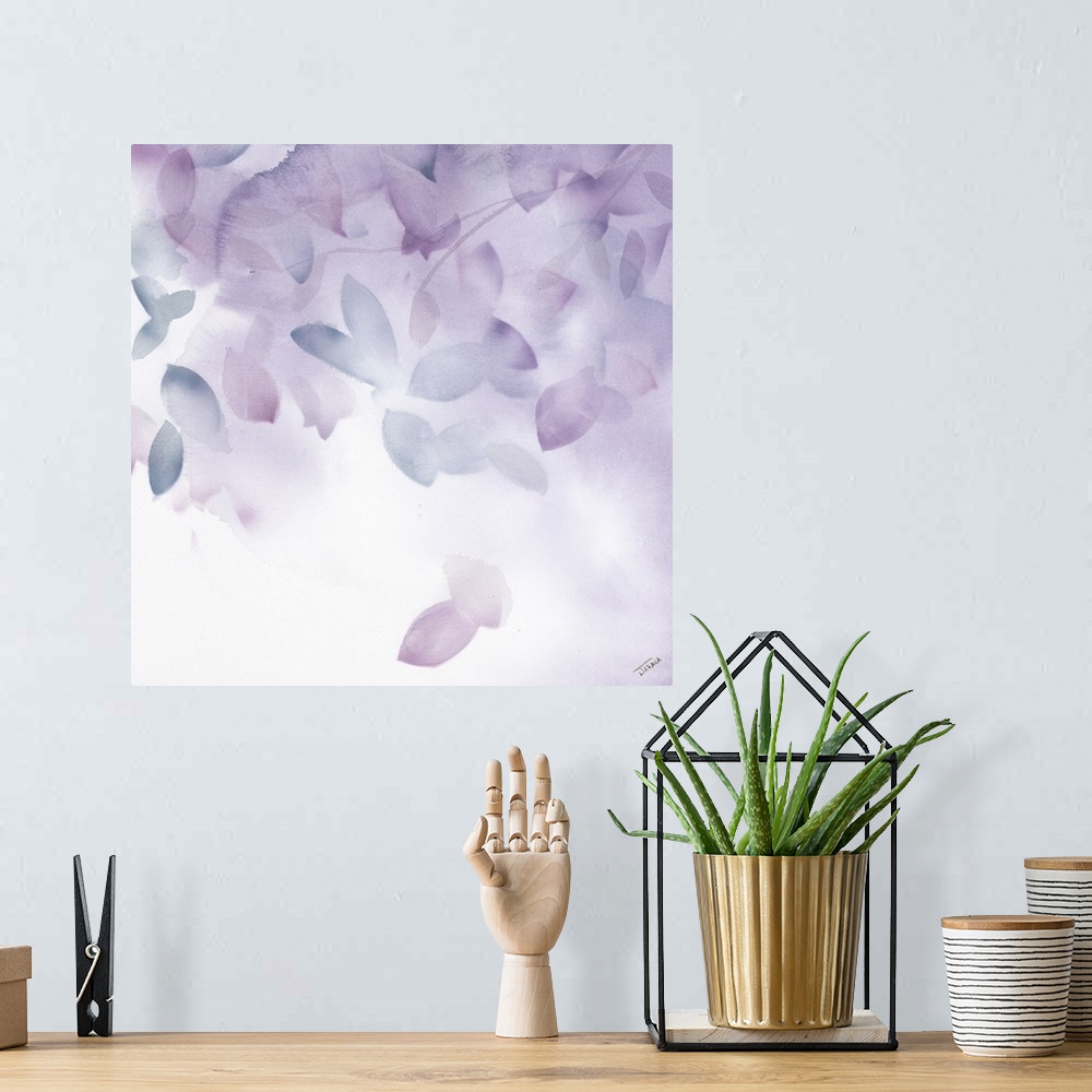 A bohemian room featuring Square watercolor painting of leaves falling from a tree branch in shades of blue and purple.