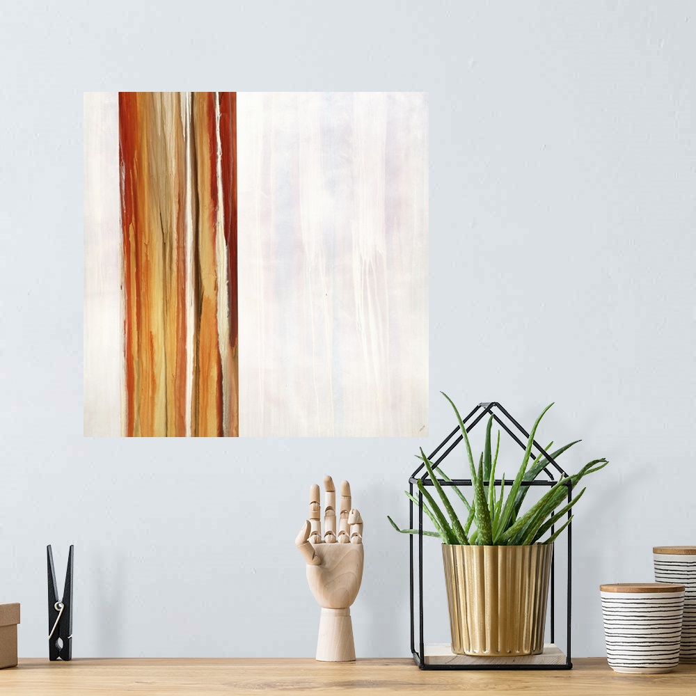 A bohemian room featuring Abstract contemporary painting of vertical red and orange stripes on white.