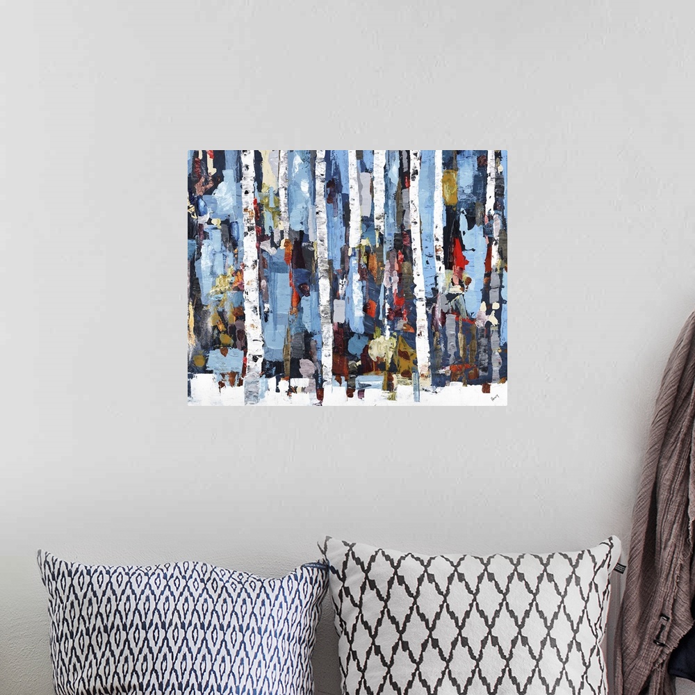 A bohemian room featuring Colorful abstract painting of tall white tree trunks on a snow covered ground with vertical strok...