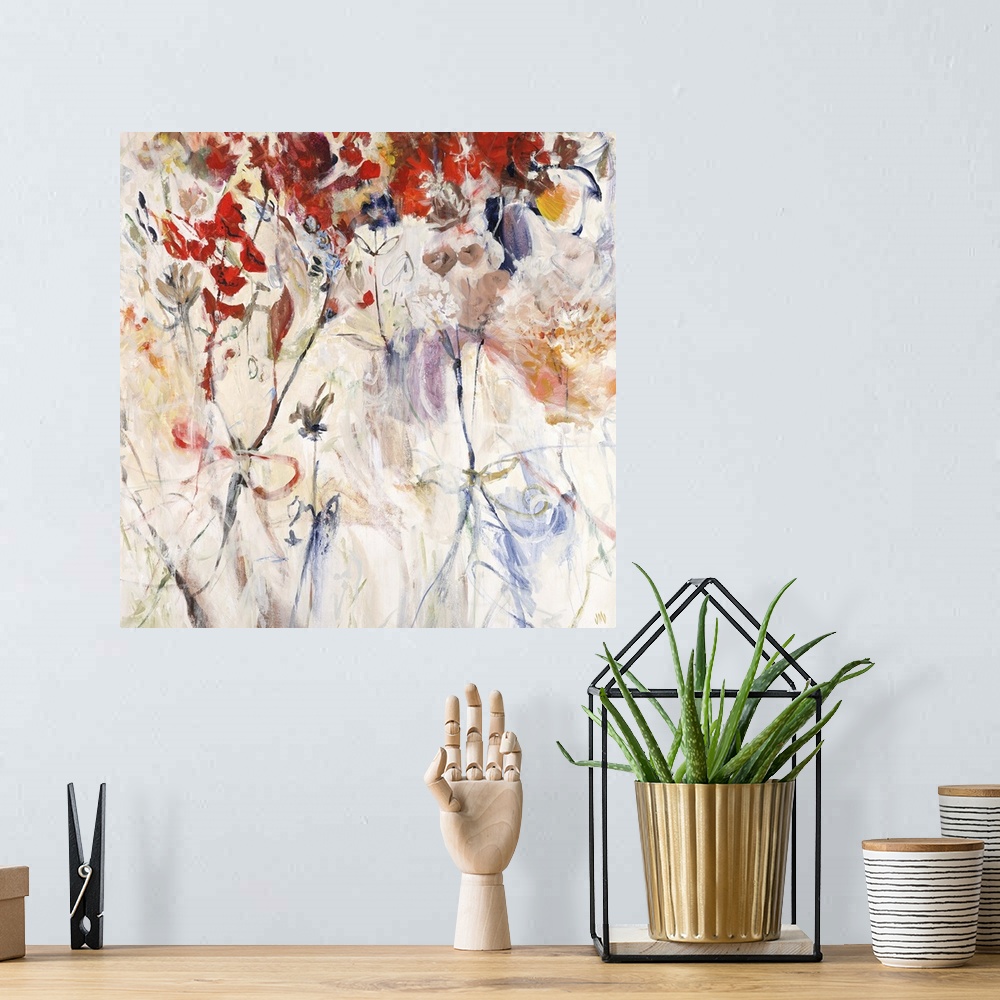 A bohemian room featuring Contemporary painting of various florals and stems in many colors, scattered onto a light earthy ...
