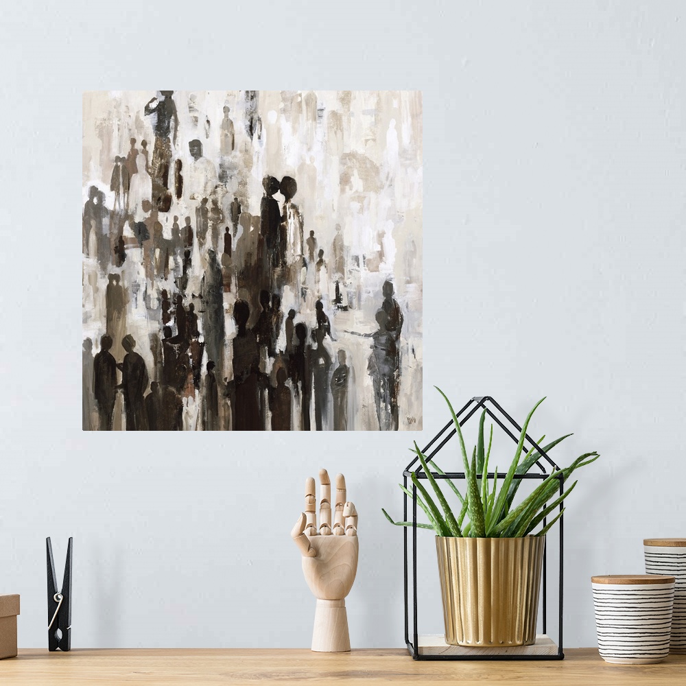 A bohemian room featuring Square abstract painting with silhouettes of people grouped together in shades of brown.
