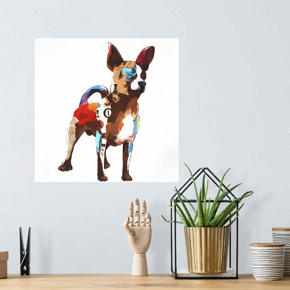 A bohemian room featuring Square art created with mixed media of a colorful chihuahua on a white background.