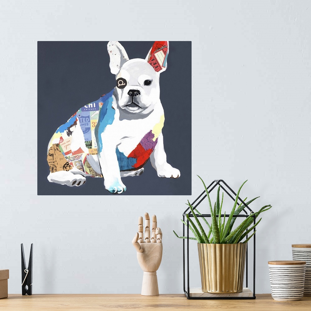 A bohemian room featuring Square art created with mixed media of a colorful dog on a dark blue background.