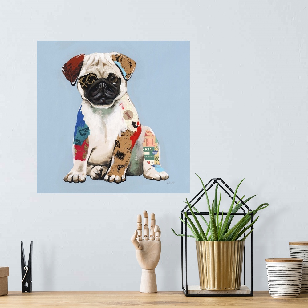 A bohemian room featuring Square art created with mixed media of a pug puppy on a light blue background.