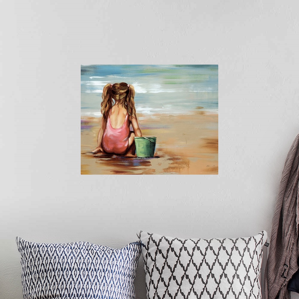 A bohemian room featuring Large, landscape figurative painting of a girl sitting on the beach, facing the water, in her swi...