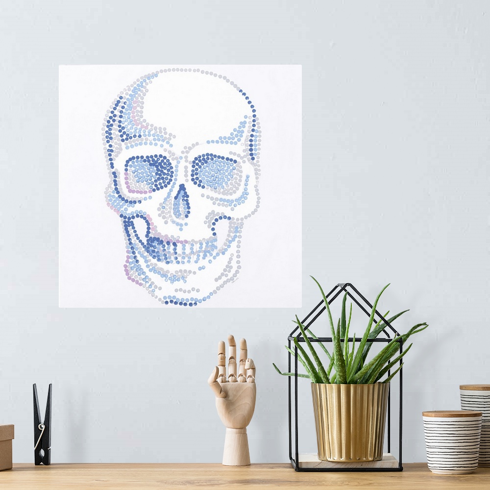 A bohemian room featuring Contemporary painting of a human skull made of small dots in blue, gray and pink.