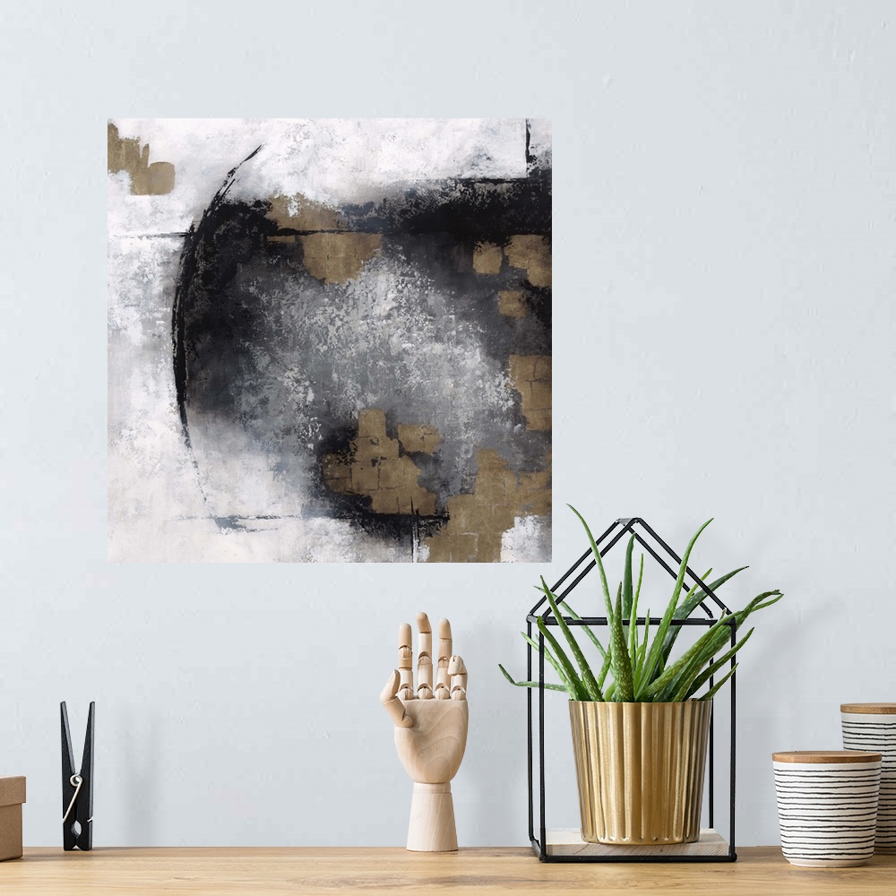 A bohemian room featuring Abstract contemporary painting in black and white with square spots of brown.