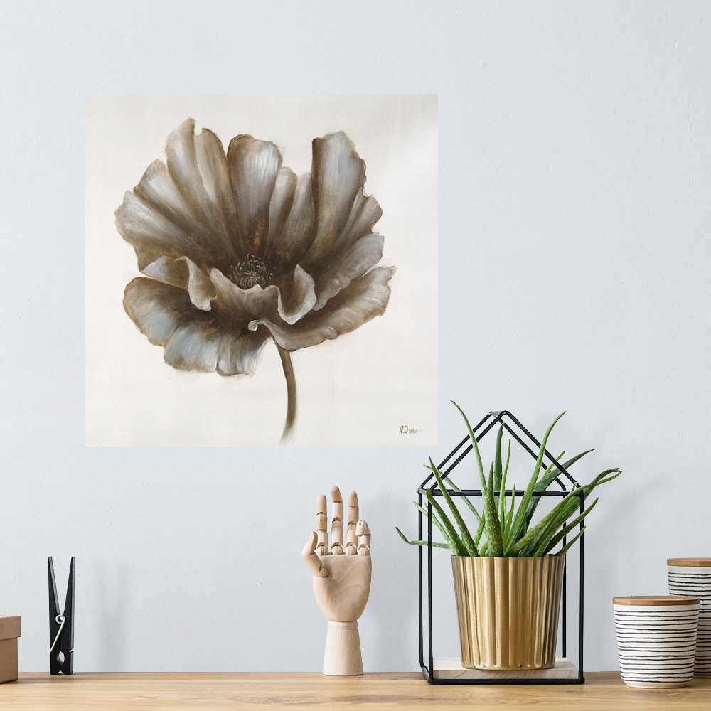 A bohemian room featuring A contemporary painting of a brown toned flower against a solid neutral background.