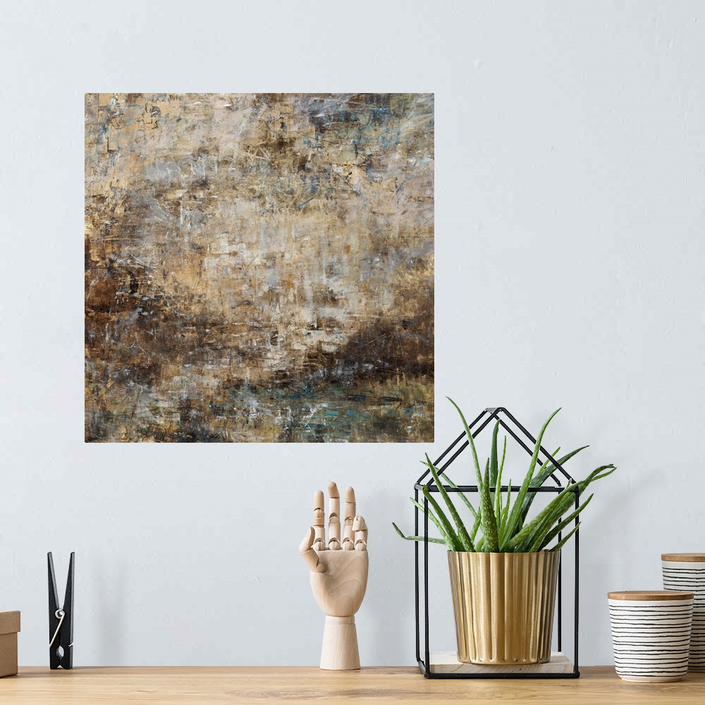 A bohemian room featuring Square abstract painting with tiny white and blue brushstrokes scattered around in every directio...