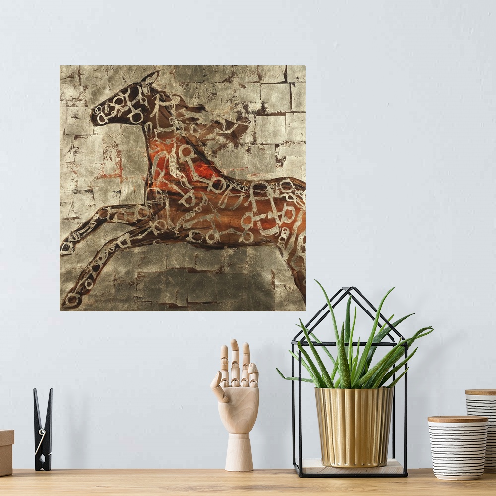 A bohemian room featuring Contemporary painting of horse figure in a red and golden pattern against a gold block background.