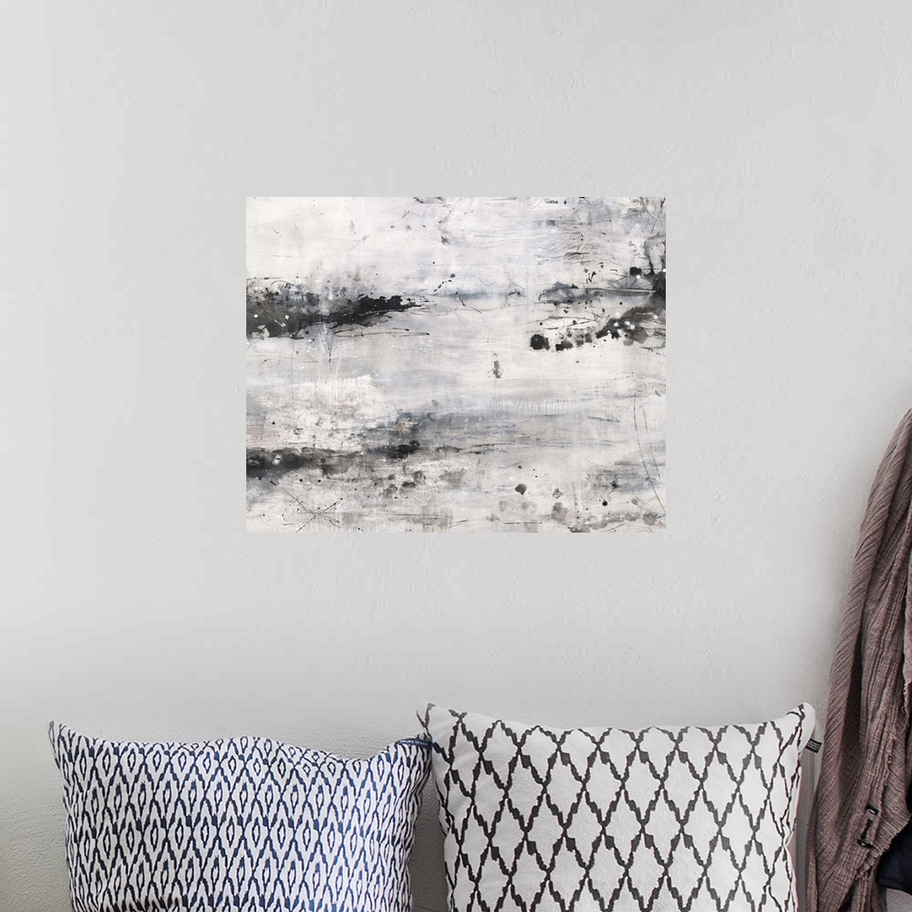 A bohemian room featuring Contemporary abstract painting using gray tones.