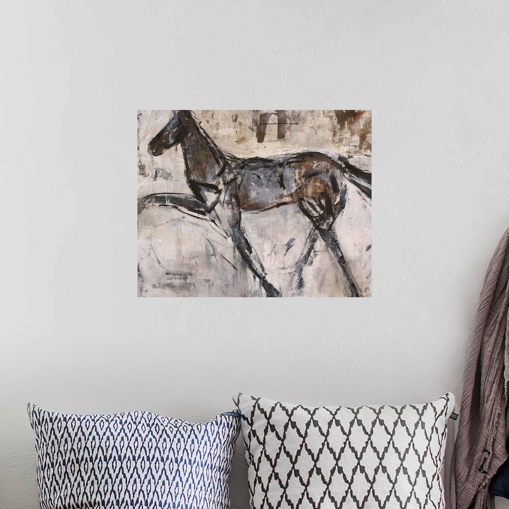 A bohemian room featuring Contemporary painting of a horse facing left lifting one of its front legs, almost appearing as i...