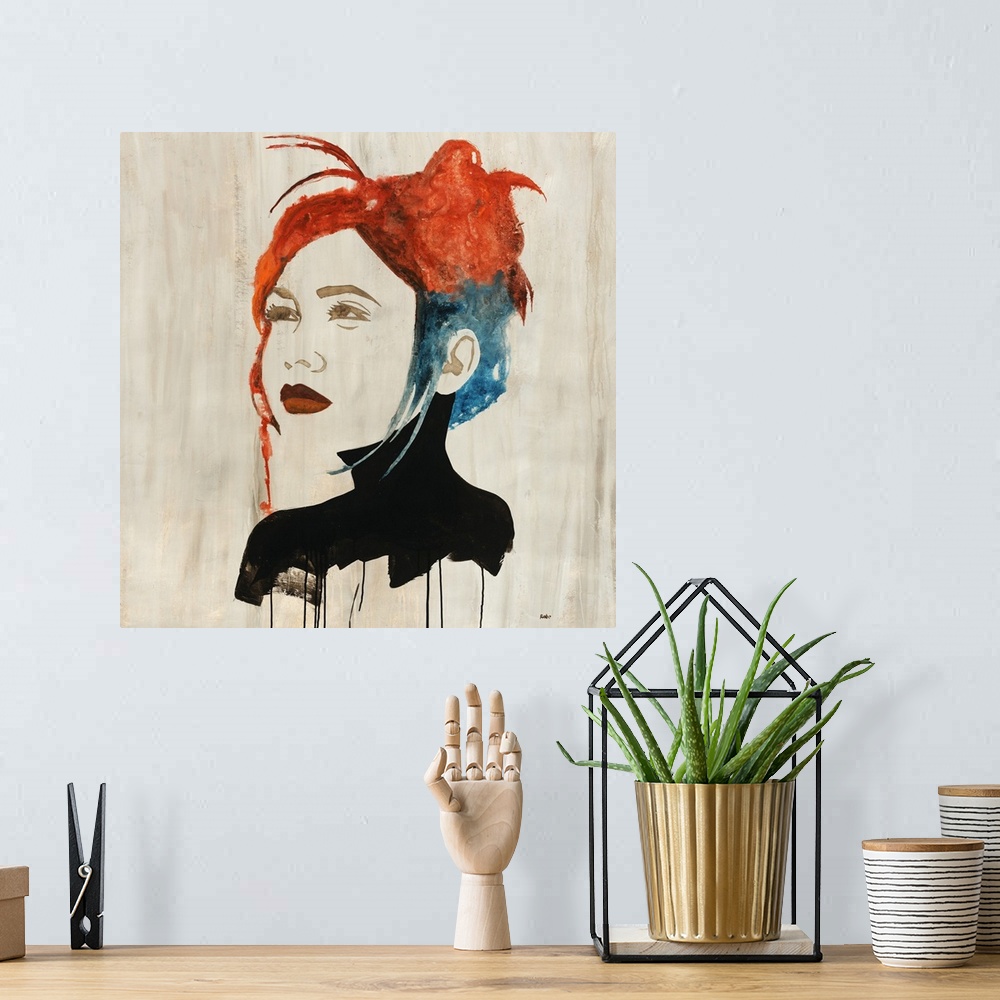 A bohemian room featuring Contemporary portrait of a girl with two toned hair and deep red lips, wearing a black turtle nec...