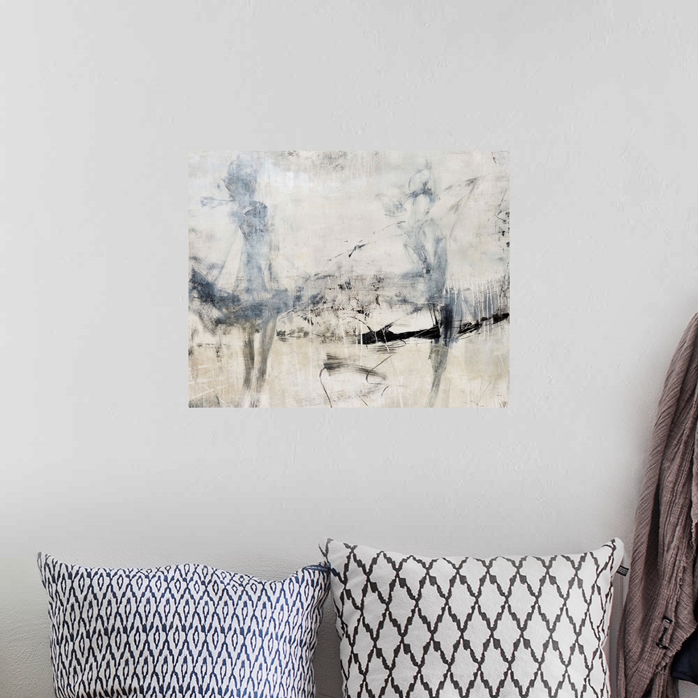 A bohemian room featuring Abstract contemporary painting depicting two faded woman with short skirts walking on a textured ...