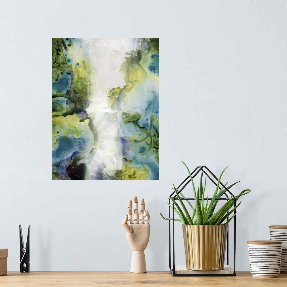 A bohemian room featuring Contemporary abstract painting using muted green and blue tones resembling smoke against a neutra...