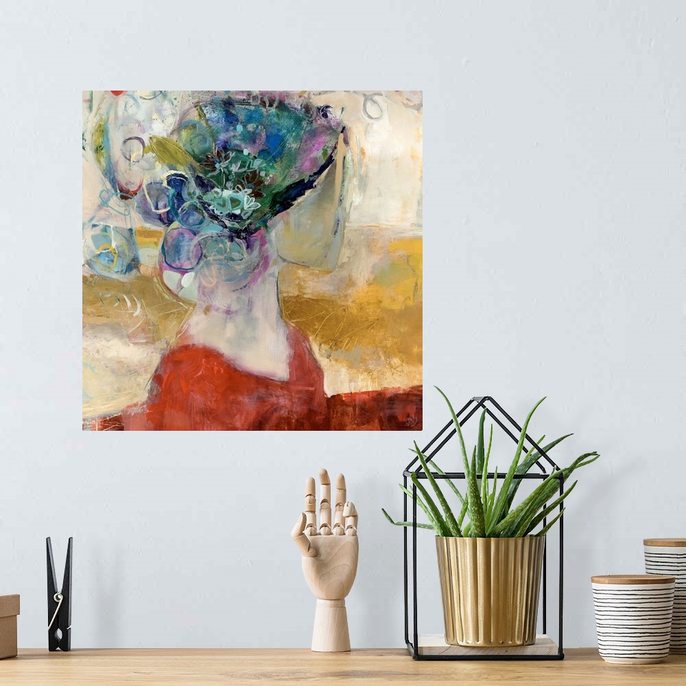 A bohemian room featuring Square, giant abstract painting of a human figure bust, their head and face covered by a large, d...