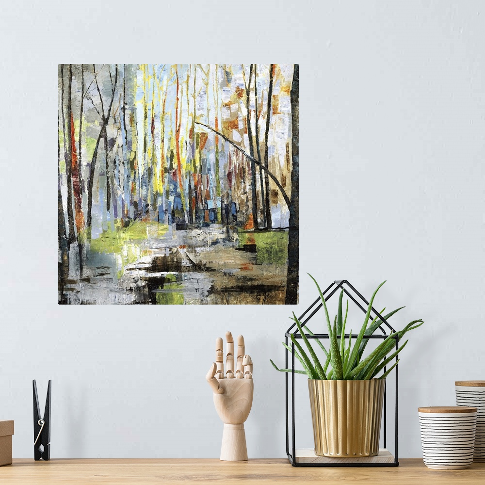 A bohemian room featuring Square abstract landscape with colorful bare trees in a forest setting, reaching to the top of th...