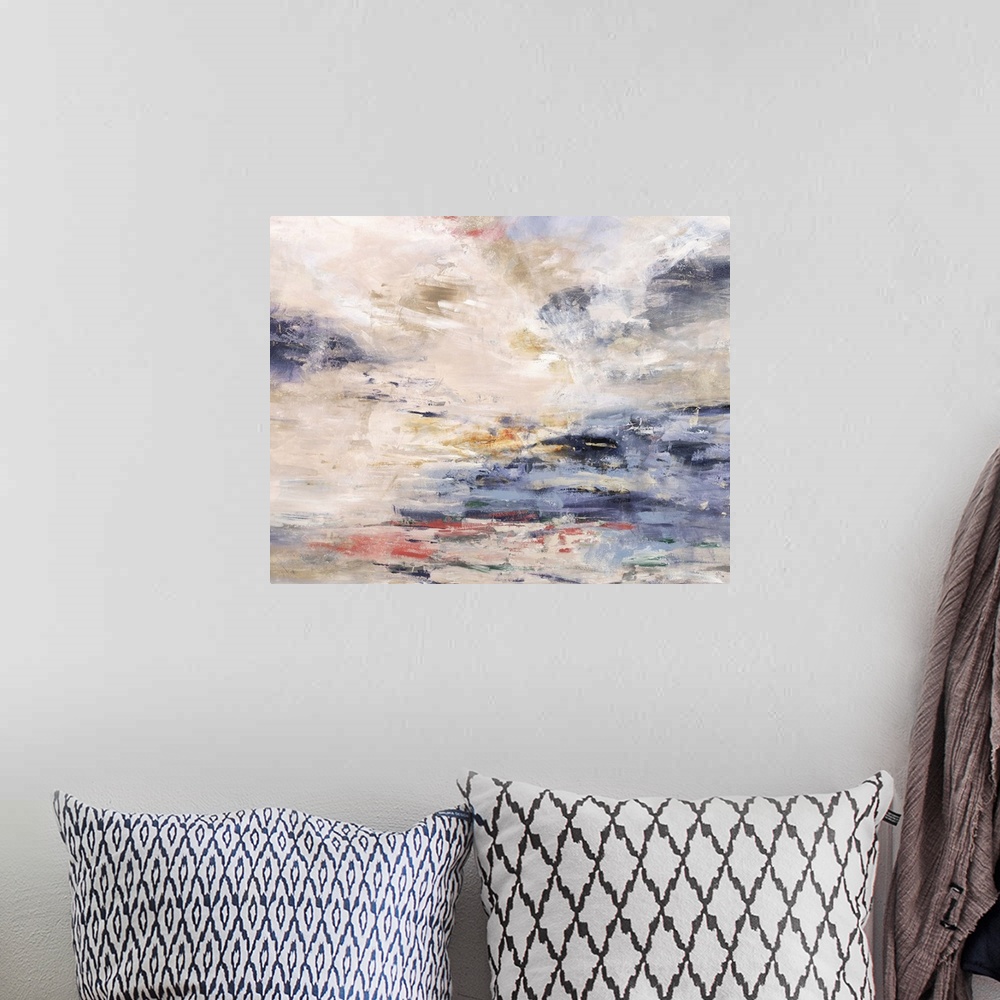 A bohemian room featuring Contemporary abstract painting in shades of pale blue and pink, resembling a pastel sunset.